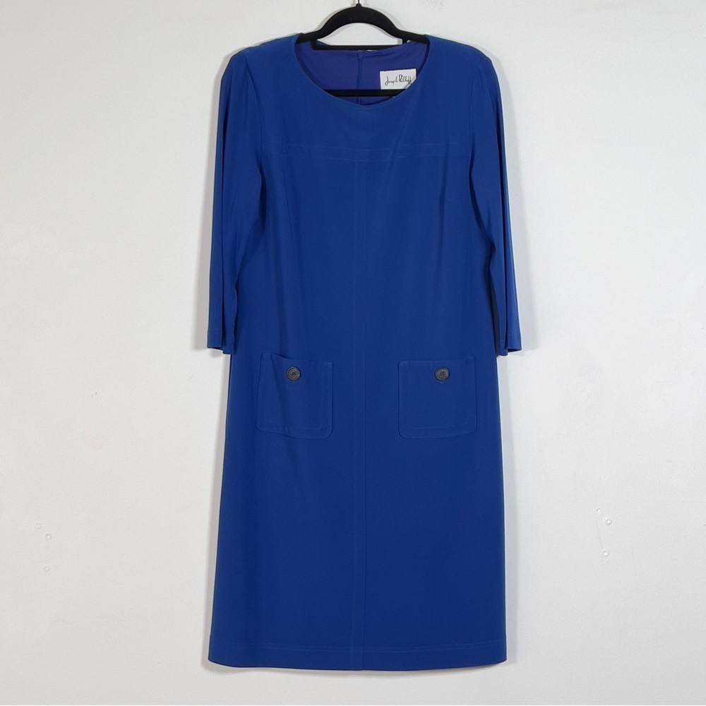 VTG Joseph Ribkoff Shift Dress 14 Blue 3/4 Sleeve Stretch‎ Front Patch Pockets